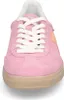 A front view of a pink sneaker with white laces and an orange accent. Voir les images du produit