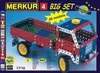 The image shows the packaging of a Merkur construction toy set, specifically model 4, a big set with 40 models. The packaging features a picture of a constructed red, blue, and white truck made from the toy set. Produktbild-Vorschau