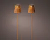 Two solar garden lights with decorative metal shades stand on a plain gray background. Produktbild-Vorschau