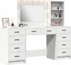 A white vanity table with a mirror and lights, and drawers. Produktbild-Vorschau
