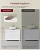 A collage showing two bathroom vanity cabinets with sinks, one demonstrating precise measurements and the other imprecise measurements for installation. Produktbild-Vorschau