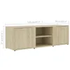 A light brown wooden TV stand with two cabinets and two open shelves, shown from the front with dimensions indicated. Náhled obrázku produktu