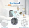 A diagram illustrating the features and benefits of vacuum cleaner dust bags, showing different types of particles they can filter. Produktbild-Vorschau