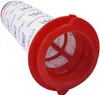 A close-up view of a vacuum cleaner filter with a red plastic housing. Produktbild-Vorschau