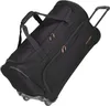 A black travel duffel bag with wheels and a retractable handle, shown at an angle against a white background. Náhľad obrázku produktu