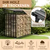 A metal firewood rack filled with logs, set in an outdoor garden environment. The image includes text overlays highlighting product features. Produktbild-Vorschau