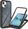 A black iPhone 13 case with a transparent back is shown, with a second case and phone displayed separately. Produktbild-Vorschau
