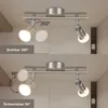 Two images showing a silver LED ceiling spotlight with two adjustable heads. The top image demonstrates 350-degree rotation, and the bottom image shows 90-degree swivel. Produktbild-Vorschau