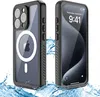 Two views of a black iPhone case with a clear back, showing the Apple logo and camera lenses, with water splashes around the bottom. Anteprima dell’immagine prodotto