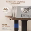 A close-up marketing image of a desk leg and tabletop, highlighting its stability and weight capacity with text overlays and graphics. Produktbild-Vorschau
