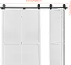 A white sliding barn door hardware system with two sets of bi-fold doors, shown in an open configuration against a white background. Dimensions are indicated. Náhled obrázku produktu