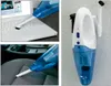 Collage showing a blue and white handheld vacuum cleaner in use on a laptop keyboard, car seat, and mounted on a wall with a brush attachment. Podgląd zdjęcia produktu