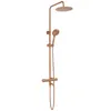 A rose gold shower set with a rain shower head and a handheld shower head, mounted on a vertical bar with a thermostat control. Produktbild-Vorschau