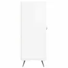A white sideboard with a glossy finish is shown from the side, resting on four dark, angled legs. A small, round, brown handle is visible on the right side of the cabinet door. Náhľad obrázku produktu
