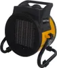 A yellow and black electric heater with a handle and stand. Voir les images du produit
