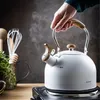 A hand is holding a white kettle that is steaming on a stovetop. Kitchen utensils and herbs are visible in the background. Podgląd zdjęcia produktu