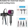 A wall-mounted organizer holding a hair straightener and a hair dryer, with additional images of hair dryers and hair straighteners. Produktbild-Vorschau