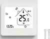A digital thermostat display showing temperature, time, and Wi-Fi status, with two screws to the right. Produktbild-Vorschau