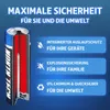 A cutaway view of a battery with marketing text highlighting its safety features. Produktbild-Vorschau
