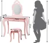A pink children's vanity table and stool with a silhouette of a child for scale, along with various dimensions indicated by measurement lines and text. Náhľad obrázku produktu