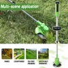 A green electric lawnmower is shown in a grassy outdoor setting, with smaller inset images showcasing different applications. Podgląd zdjęcia produktu