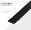 A close-up of a black table leg with a floor glider attached, with text overlays explaining the product's features. Produktbild-Vorschau