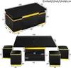A diagram showing a black and yellow coffee table with dimensions and four matching stools. Voir les images du produit