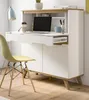 A modern white and wood secretary desk with a laptop, coffee cup, and office supplies on top, next to a yellow chair. Produktbild-Vorschau