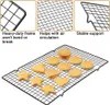 A black wire cooling rack with various cookies on it. The top of the image shows close-ups of the rack's features with text descriptions. Produktbild-Vorschau