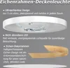 A close-up view of a white LED ceiling light with a wooden frame detail, accompanied by descriptive text. Voir les images du produit