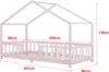A pink and white house-shaped bed frame with dimensions indicated by red lines and text. Náhled obrázku produktu