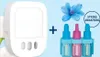 A white air freshener device is shown next to a set of three refill bottles and a blue flower. Podgląd zdjęcia produktu