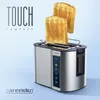 A silver toaster with two slices of toast popping up, set against a light blue background. Text overlays highlight product features. Produktbild-Vorschau