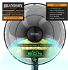 A close-up marketing image of a Brandson stand fan, highlighting its features and benefits with text overlays. Voir les images du produit