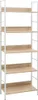 A tall, narrow bookshelf with five wooden shelves and a white metal frame, presented against a white background. Podgląd zdjęcia produktu
