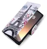 A flip-style phone case with an Eiffel Tower and floral design, shown open to reveal a phone screen displaying the time. Produktbild-Vorschau