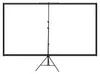 A white projection screen on a black tripod stand against a white background. Produktbild-Vorschau