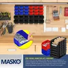 A workshop wall with various storage bins and tools organized on a wooden background. Produktbild-Vorschau