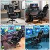 A collage of four images showing a gaming chair in different settings: an office, a bedroom, a gaming room, and an internet cafe. Produktbild-Vorschau