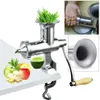 A collage of images showcasing a manual juicer, including a close-up of the juicer with wheatgrass, a hand feeding nuts into a juicer, and a close-up of the juicer's funnel. The main image also shows fruits and vegetables next to the juicer. Produktbild-Vorschau
