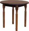 A round wooden table with four legs is shown against a white background. Produktbild-Vorschau