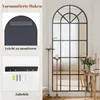 A collage showing a large arched mirror and its accessories for mounting. Produktbild-Vorschau