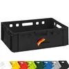A black plastic crate with a German flag logo and text indicating it is made in Germany, shown against a white background. Below the crate, a row of colorful crates is visible. Voir les images du produit