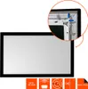 A projection screen with a close-up detail of its frame and tensioning system. Produktbild-Vorschau
