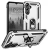 A silver and black rugged phone case with a ring holder, shown from multiple angles, with a smartphone displaying a nature scene and time. Produktbild-Vorschau
