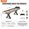A shuffleboard table with dimensions and included accessories shown. Voir les images du produit