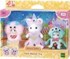 The image shows a toy set called "Funny Monster Trio" by Sylvanian Families, packaged in a colorful box with a castle and fireworks scene. Podgląd zdjęcia produktu