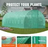 A large green tunnel greenhouse is shown in a yard with text overlays highlighting its features. Podgląd zdjęcia produktu