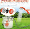 A portable camping shower is shown in use, with a pump submerged in a bucket of water and a shower head spraying water. Voir les images du produit