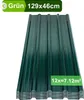 A stack of dark green corrugated metal roofing panels.